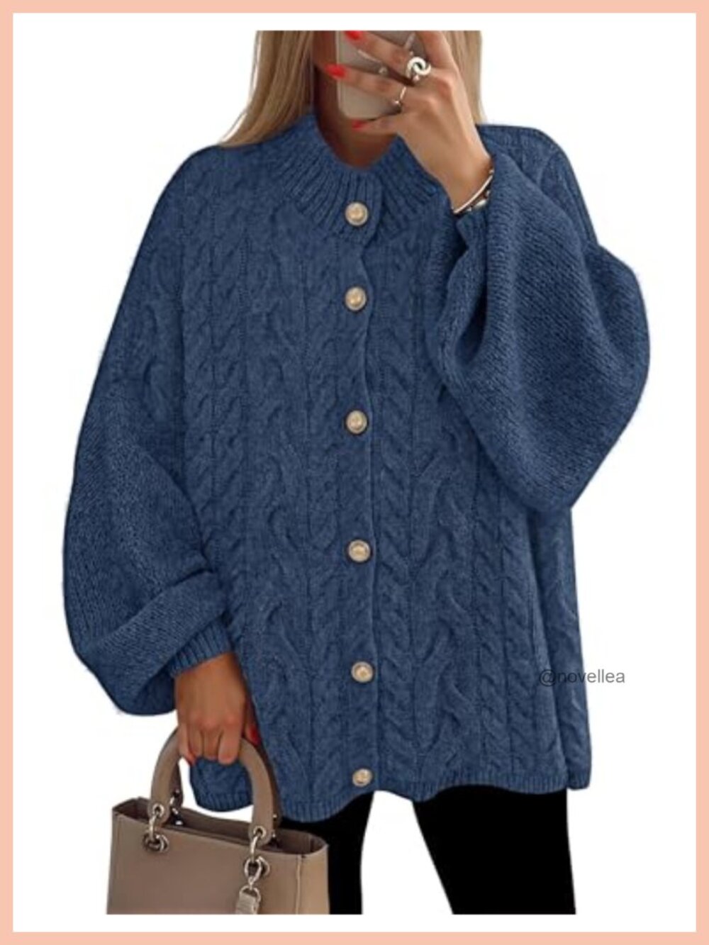 Oversized Chunky Cable Knit Cardigan Button Up Mock Neck Sweater